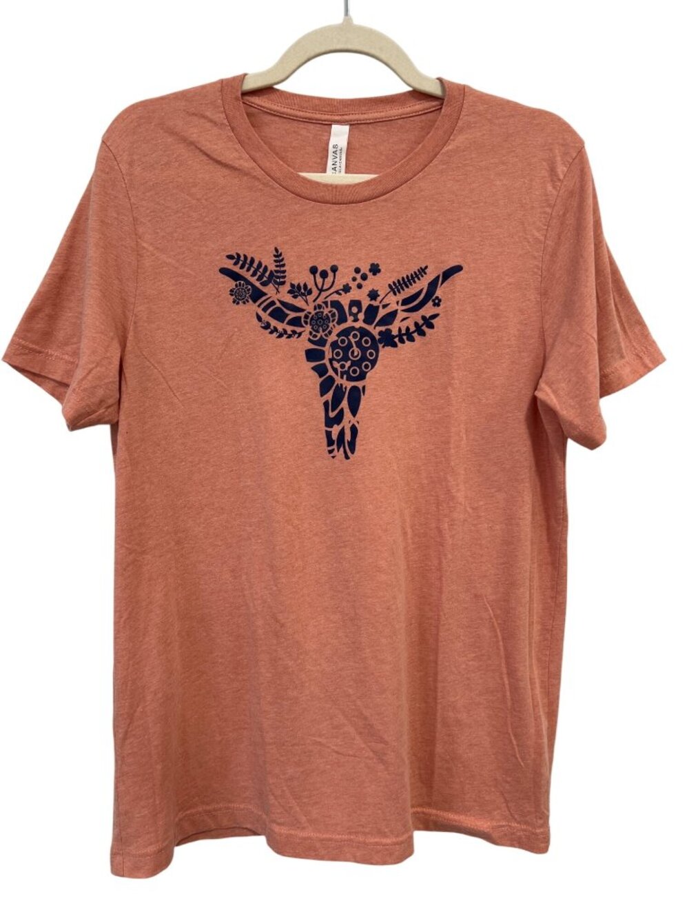 Bella + Canvas Graphic Tee Large Crewneck Floral Design Steer Skull Soft Orange